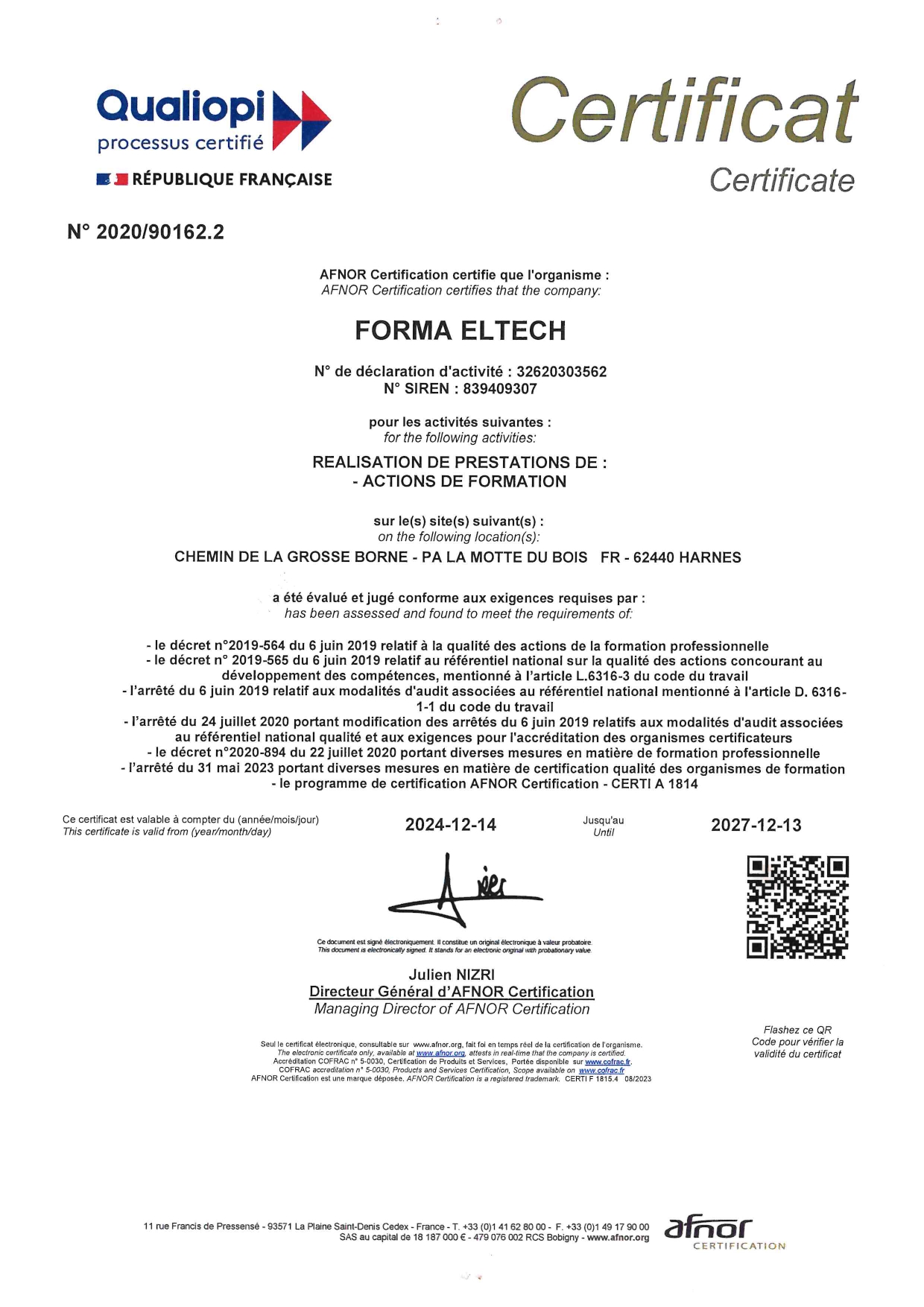 Certification Qualiopi de Forma Eltech